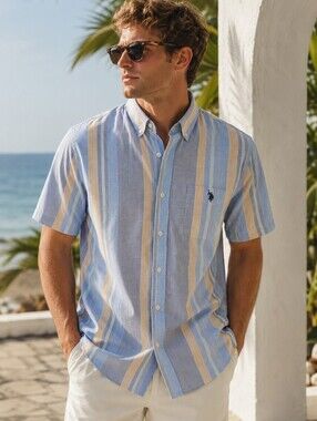 U.S. Polo Assn Blue Tan Stripe Stretch Button Shirt 2XL